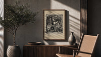 Santa Claus reading letters at desk poster framed above a fluted sideboard beside an olive tree