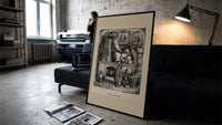 Santa Claus reading letters at desk print in a slim black frame leaning on a dark sofa in a concrete print studio