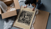 Santa Claus reading letters at desk framed print being unpacked from protective bubble wrap and a box