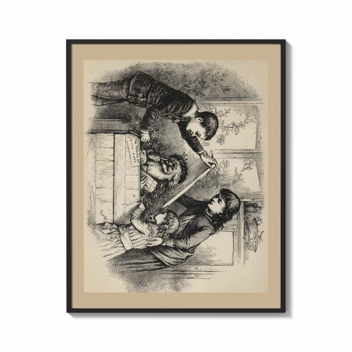 Framed Man greeting child beside crated delivery print shown as a bold statement piece on a clean gallery wall
