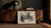 Santa Claus peeking from a crate print in a black frame leaning against a walnut console in lamplight