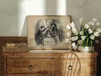 Santa Claus peeking from a crate print in an oak frame on a farmhouse dresser beside white tulips