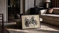 Santa Claus peeking from a crate print in a slim black frame leaning on a travertine coffee table