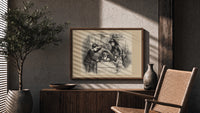 Santa Claus peeking from a crate print in a wood frame above a fluted sideboard beside an olive tree