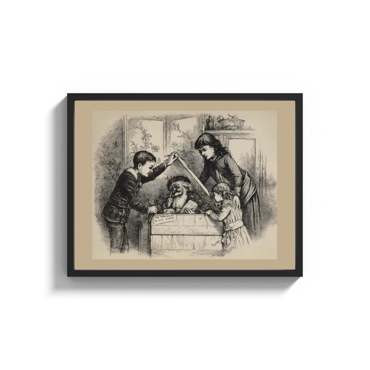Framed Santa Claus peeking from a crate print shown as a wide statement piece on a clean white wall