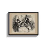 Framed Santa Claus peeking from a crate print shown as a wide statement piece on a clean white wall