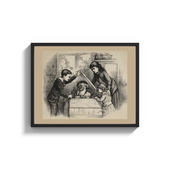 Framed Santa Claus peeking from a crate print shown as a wide statement piece on a clean white wall
