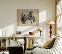 Santa Claus peeking from a crate print in an oak frame above a mid-century book console with a vintage radio