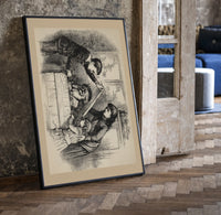 Man greeting child beside crated delivery print in a black frame leaning beside a vintage door on parquet