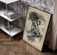 Man greeting child beside crated delivery poster in a black frame leaning beside a shelf in a raw-plaster loft