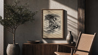 Man greeting child beside crated delivery poster framed above a fluted sideboard beside an olive tree