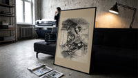 Man greeting child beside crated delivery print in a slim black frame leaning on a dark sofa in a concrete print studio