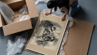 Man greeting child beside crated delivery framed print being unpacked from protective bubble wrap and a box