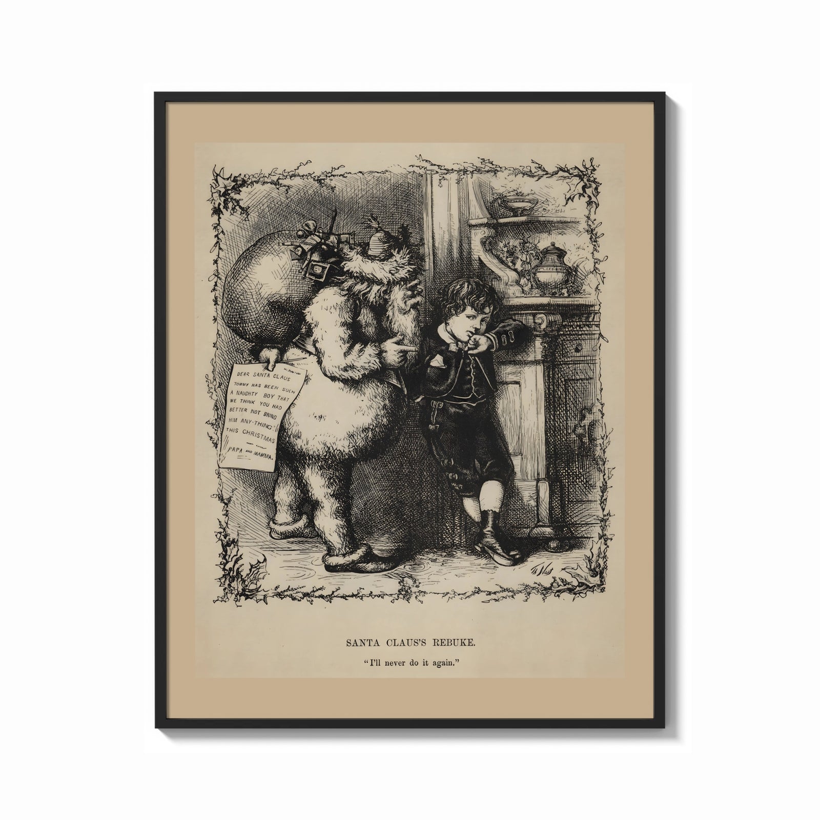Framed Santa Claus scolding a small boy print shown as a bold statement piece on a clean gallery wall