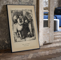 Santa Claus scolding a small boy print in a black frame leaning beside a vintage door on parquet