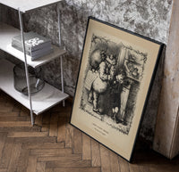 Santa Claus scolding a small boy poster in a black frame leaning beside a shelf in a raw-plaster loft