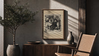 Santa Claus scolding a small boy poster framed above a fluted sideboard beside an olive tree