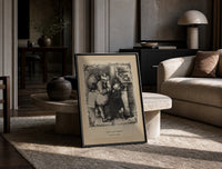Santa Claus scolding a small boy print in a black frame leaning on a travertine table in a sunlit lounge