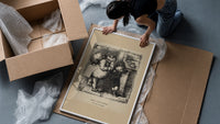 Santa Claus scolding a small boy framed print being unpacked from protective bubble wrap and a box