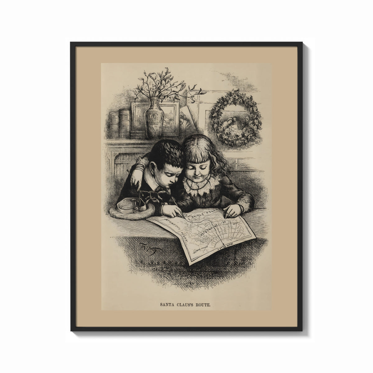 Framed Two children studying a map together print shown as a bold statement piece on a clean gallery wall