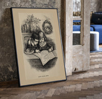 Two children studying a map together print in a black frame leaning beside a vintage door on parquet
