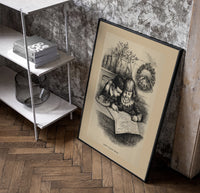 Two children studying a map together poster in a black frame leaning beside a shelf in a raw-plaster loft