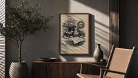 Two children studying a map together poster framed above a fluted sideboard beside an olive tree