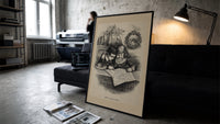 Two children studying a map together print in a slim black frame leaning on a dark sofa in a concrete print studio