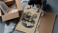 Two children studying a map together framed print being unpacked from protective bubble wrap and a box