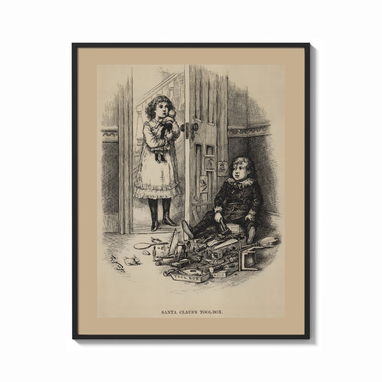 Framed Two children with scattered toy tools print shown as a bold statement piece on a clean gallery wall