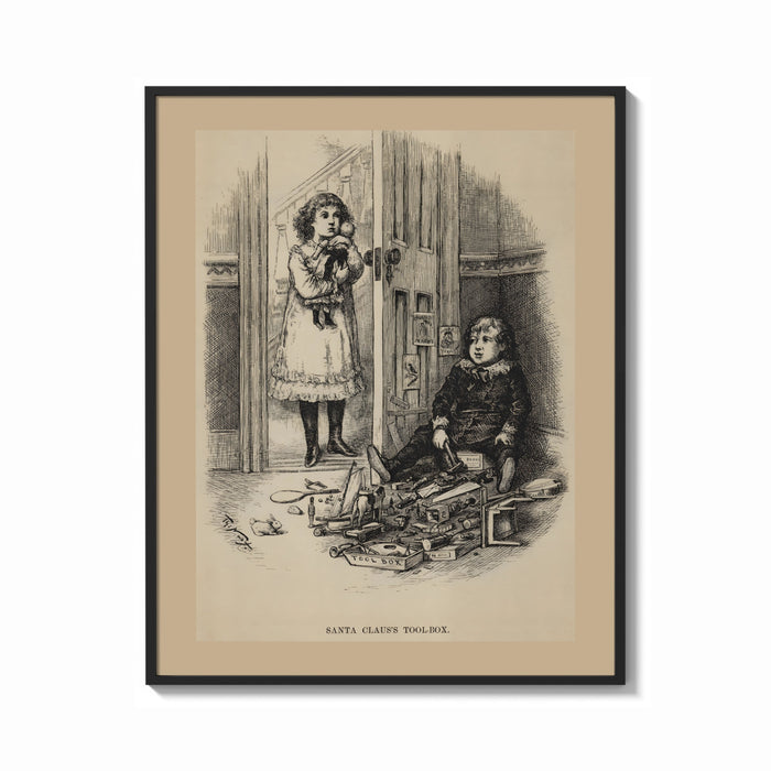 Framed Two children with scattered toy tools print shown as a bold statement piece on a clean gallery wall