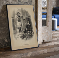 Two children with scattered toy tools print in a black frame leaning beside a vintage door on parquet
