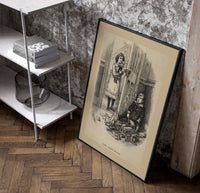 Two children with scattered toy tools poster in a black frame leaning beside a shelf in a raw-plaster loft