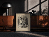 Black-framed Two children with scattered toy tools print on a moody console with designer coffee-table books