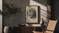 Two children with scattered toy tools poster framed above a fluted sideboard beside an olive tree