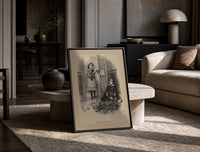 Two children with scattered toy tools print in a black frame leaning on a travertine table in a sunlit lounge