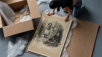 Two children with scattered toy tools framed print being unpacked from protective bubble wrap and a box