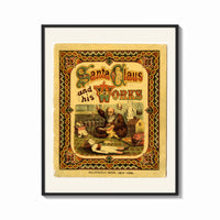Framed Santa Claus sewing doll clothes in workshop print shown as a bold statement piece on a clean gallery wall