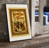 Santa Claus sewing doll clothes in workshop print in a black frame leaning beside a vintage door on parquet
