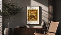 Santa Claus sewing doll clothes in workshop poster framed above a fluted sideboard beside an olive tree