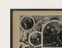 Close-up of the Santa Claus in vignettes of his works print's dark wood frame corner and archival matte paper