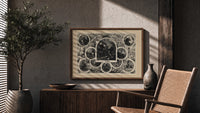 Santa Claus in vignettes of his works print in a wood frame above a fluted sideboard beside an olive tree