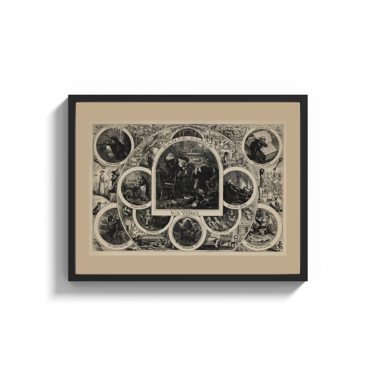 Framed Santa Claus in vignettes of his works print shown as a wide statement piece on a clean white wall