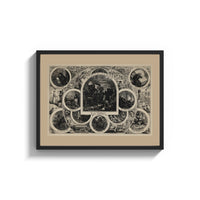 Framed Santa Claus in vignettes of his works print shown as a wide statement piece on a clean white wall