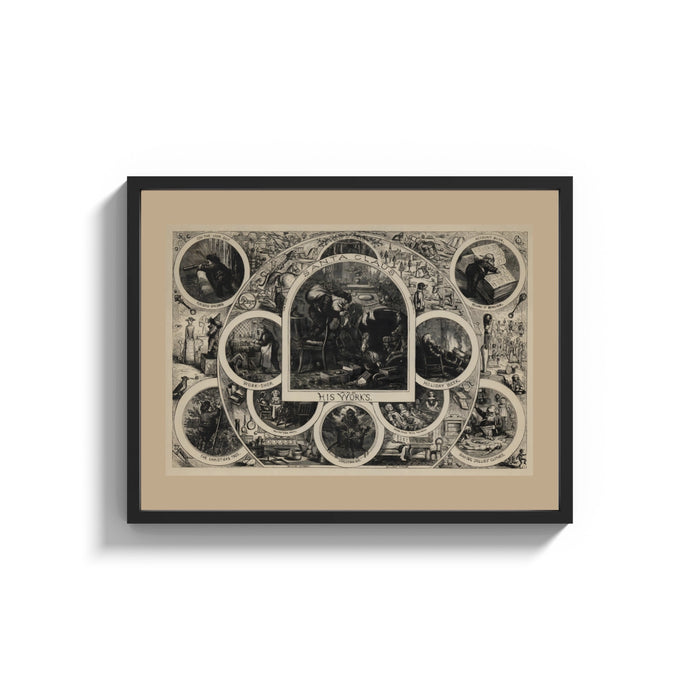 Framed Santa Claus in vignettes of his works print shown as a wide statement piece on a clean white wall