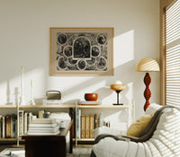 Santa Claus in vignettes of his works print in an oak frame above a mid-century book console with a vintage radio