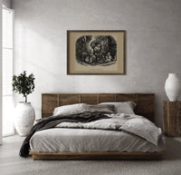 Santa Claus with cats and dogs print in a dark wood frame above a rattan bed on a plaster wall