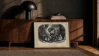 Santa Claus with cats and dogs print in a black frame leaning against a walnut console in lamplight
