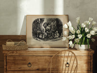 Santa Claus with cats and dogs print in an oak frame on a farmhouse dresser beside white tulips