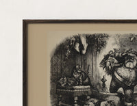 Close-up of the Santa Claus with cats and dogs print's dark wood frame corner and archival matte paper